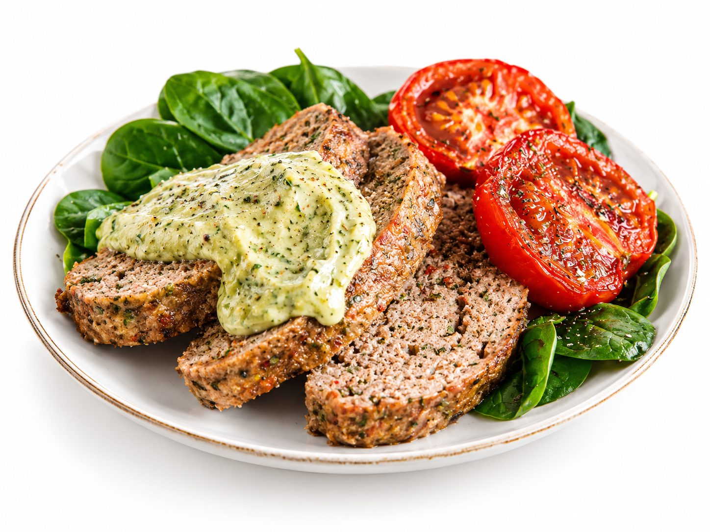 Итальянский мясной рулет Кето с запеченными помидорами и соусом песто-майонез — готовое блюдо
