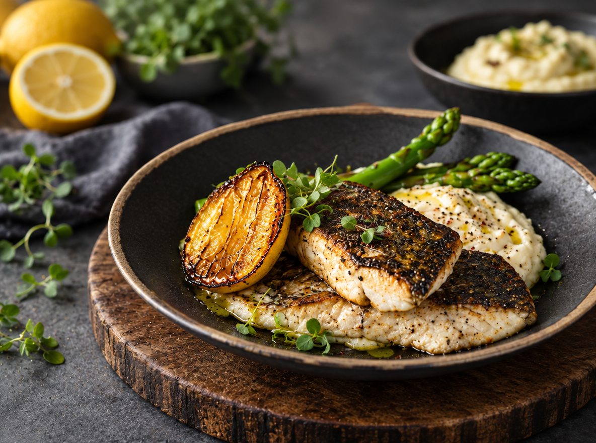 Обжаренные на сковороде баррамунди с лимоном и пюре из цветной капусты — готовое блюдо